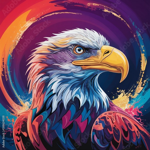 A vibrant and colorful digital painting of a majestic bald eagle in an abstract style, featuring bold strokes, bright hues, and a dynamic artistic composition perfect for modern art lovers. 