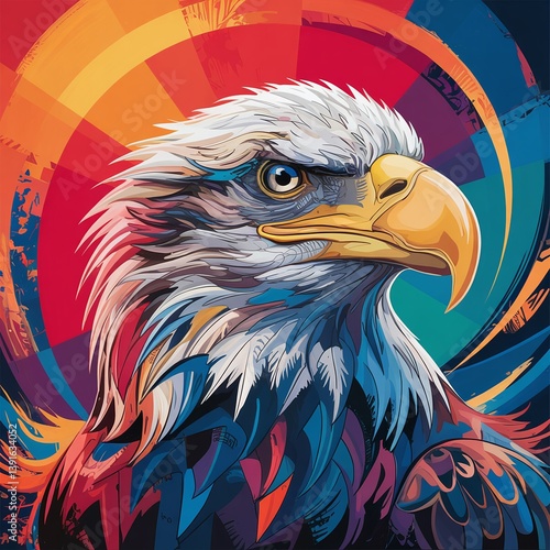 A vibrant and colorful digital painting of a majestic bald eagle in an abstract style, featuring bold strokes, bright hues, and a dynamic artistic composition perfect for modern art lovers. 