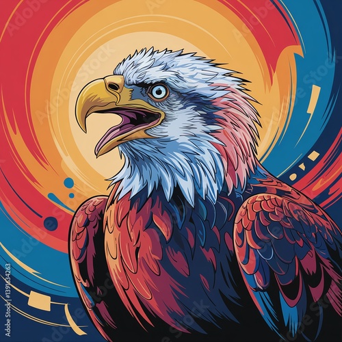 A vibrant and colorful digital painting of a majestic bald eagle in an abstract style, featuring bold strokes, bright hues, and a dynamic artistic composition perfect for modern art lovers. 