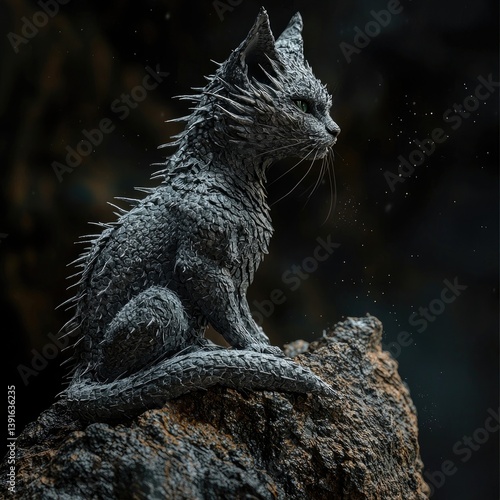 Stone-like creature with cat features and reptilian wings sits on textured rock, dark background emphasizing details. Generative by AI.