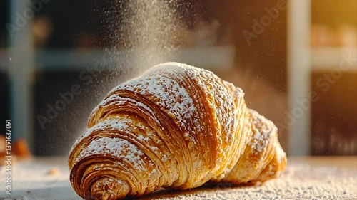 Golden croissant dusted with powdered sugar