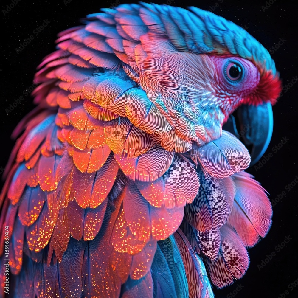 Fototapeta premium Scarlet macaw with vibrant multicolored feathers illuminated by glowing light particles in dark space. Generative by AI.