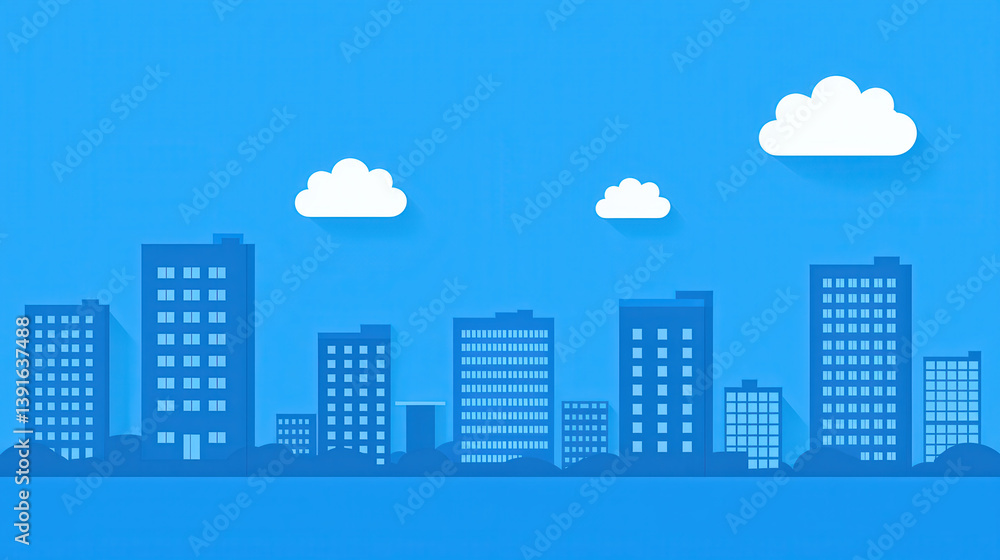 Cityscape illustration with blue buildings and white clouds on clear sky Cityscape illustration with blue buildings and white clouds on clear sky