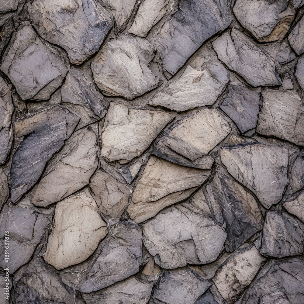 Fototapeta premium Close-Up View of a Decorative Wall Made of Irregular Grey and Beige Chipped Stones Highlighting the Rough Texture and Unique Natural Patterns
