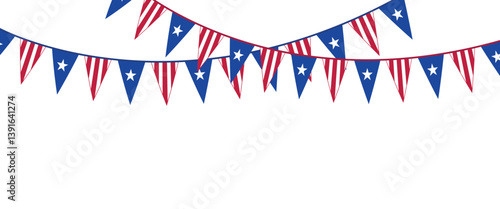 American flag for decoration. USA triangular flags bunting garland for party or other patriotic event. transparent png and vector illustration.