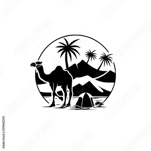 Desert scene with camel and tent illustration, Black and white vector illustration of a camel standing near a tent in a desert landscape with mountains and palm trees.

