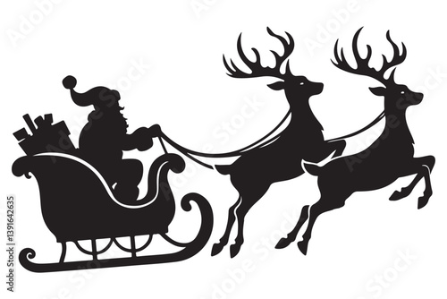 Classic Santa Claus Sleigh Silhouette with Reindeer Christmas Illustration
