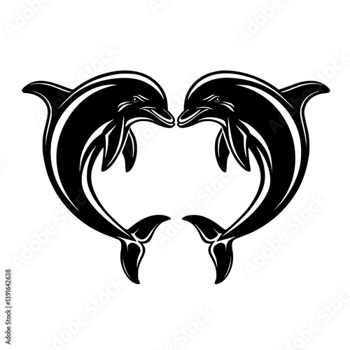 Two dolphins forming heart shape illustration, Black and white vector illustration of two dolphins facing each other, curving to create a heart shape, symbolizing love and harmony.

