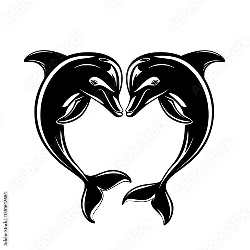 Two dolphins forming heart shape illustration, Black and white vector illustration of two dolphins facing each other, curving to create a heart shape, symbolizing love and harmony.

