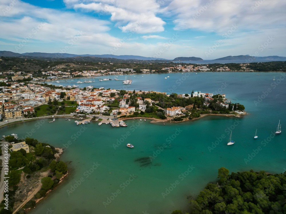 Naklejka premium Aerial View of Coastal Town and Marina in the Peloponnese, Greece