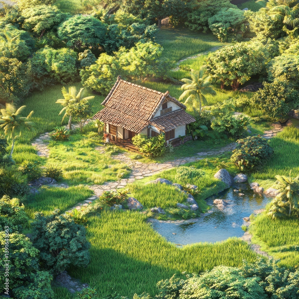 Fototapeta premium Nature photography peaceful aerial views of a tranquil farmhouse retreat in lush green landscape