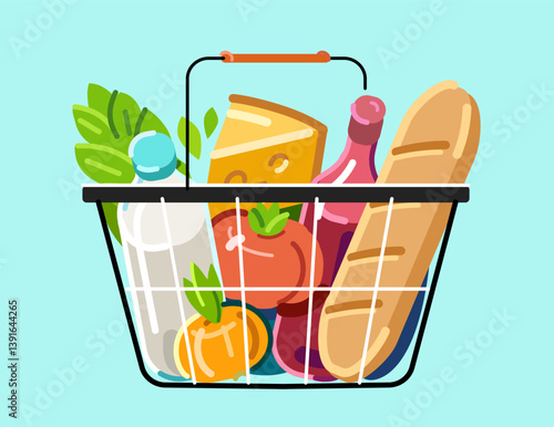 Full shopping basket filled with various food products. Grocery store concept, flat design cartoon
