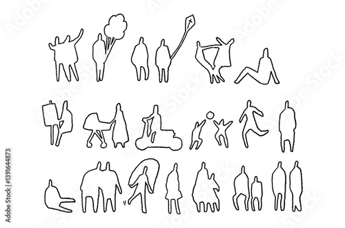 Architectural Drawings, people vector in park out door illustration, Minimal style hand drawn, set elements for architecture and landscape design. Sections, Elevations, Floor Plans.