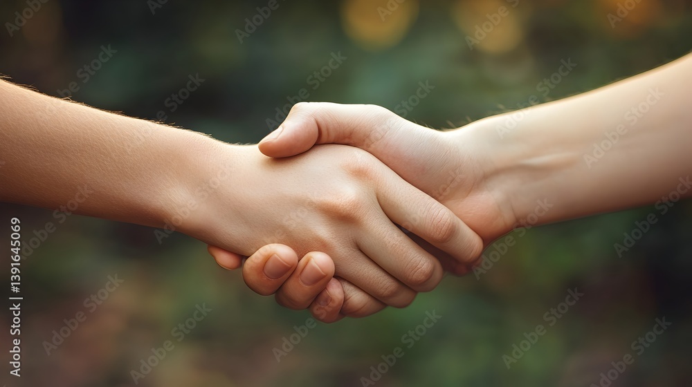 Two hands clasp together in a firm handshake outdoors against a blurred natural background showing unity and trust. Two hands clasp together in a firm handshake outdoors against a blurred natural background showing unity and trust.