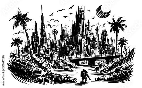 post-apocalyptic city with palms and destroyed highway