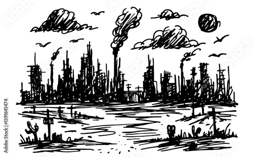 polluted industrial city with smoking factories
