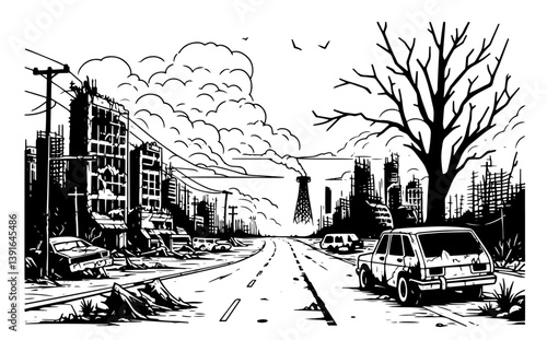 abandoned road in post-apocalyptic city ruins