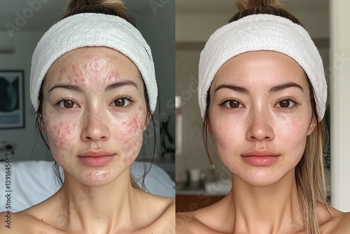 Before and after acne skincare results on woman’s face, clear comparison of blemished and treated skin, realistic transformation with natural lighting and no makeup

