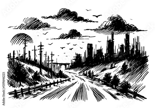 abandoned road leading to post-apocalyptic city