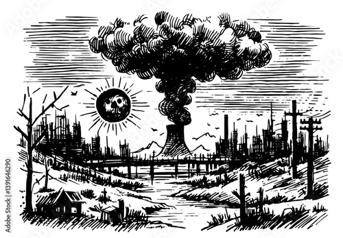 nuclear explosion in ruined city with surreal sun and smoke cloud
