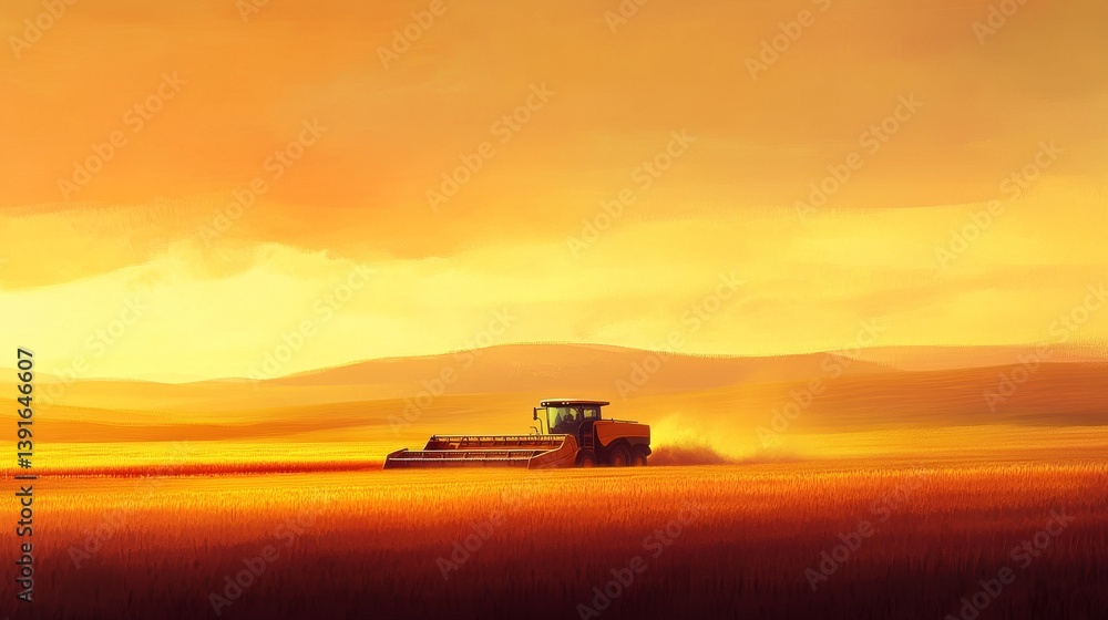 Fototapeta premium 71.A serene rural scene with a lone combine harvester in the middle of a vast golden field, surrounded by gentle rolling hills and a vivid sunset sky.