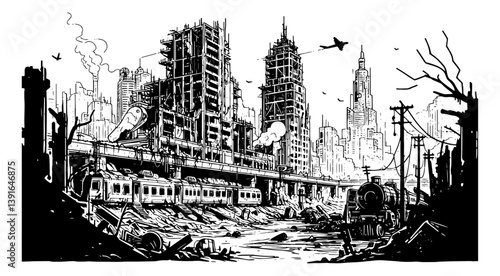 destroyed city with collapsed buildings, train and airplane
