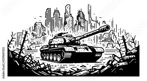 pixel art style tank in post-apocalyptic city ruins