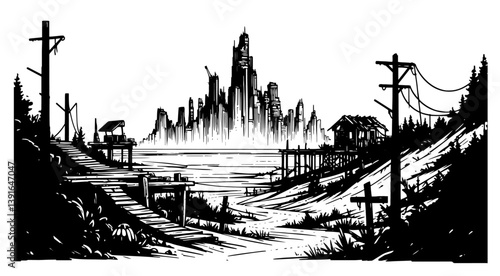 destroyed city panorama after explosion