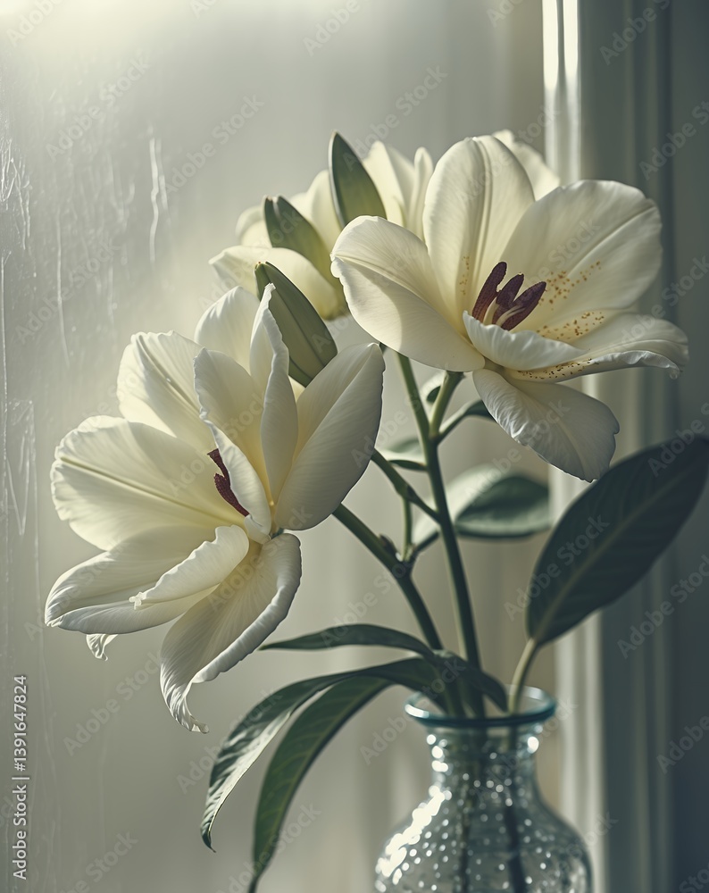 Obraz premium Elegant White Lily Arrangement in Glass Vase Near Window
