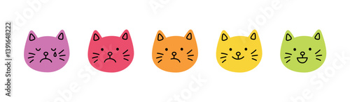 Cute doodle cat face icon set. Smile, sad and cry cat. Kitty kawaii emoji. Hand drawn animal emoticon. Expression kitty head. Good and bad mood. Vector illustration isolated on white background.