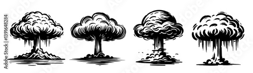 atomic mushroom cloud explosions in black and white