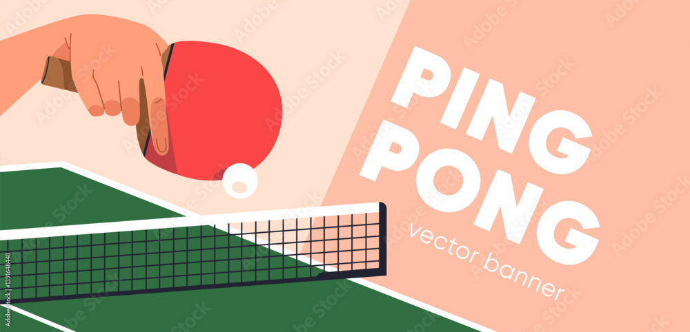 Fototapeta premium Ping pong, table tennis, promotion banner. Sport match, tournament background design with hand holding racket paddle and hitting ball over net. Pingpong competition. Flat vector illustration