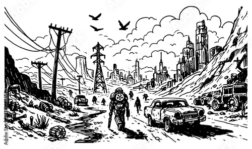 post-apocalyptic wasteland with survivors and ruined cityscape