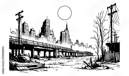 abandoned cityscape with ruined highway and empty street