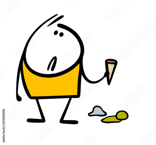Unfortunate little kid dropped the ice cream balls. Vector illustration of  boy sadly looking at dessert on the floor. Cartoon people isolated on  white background.