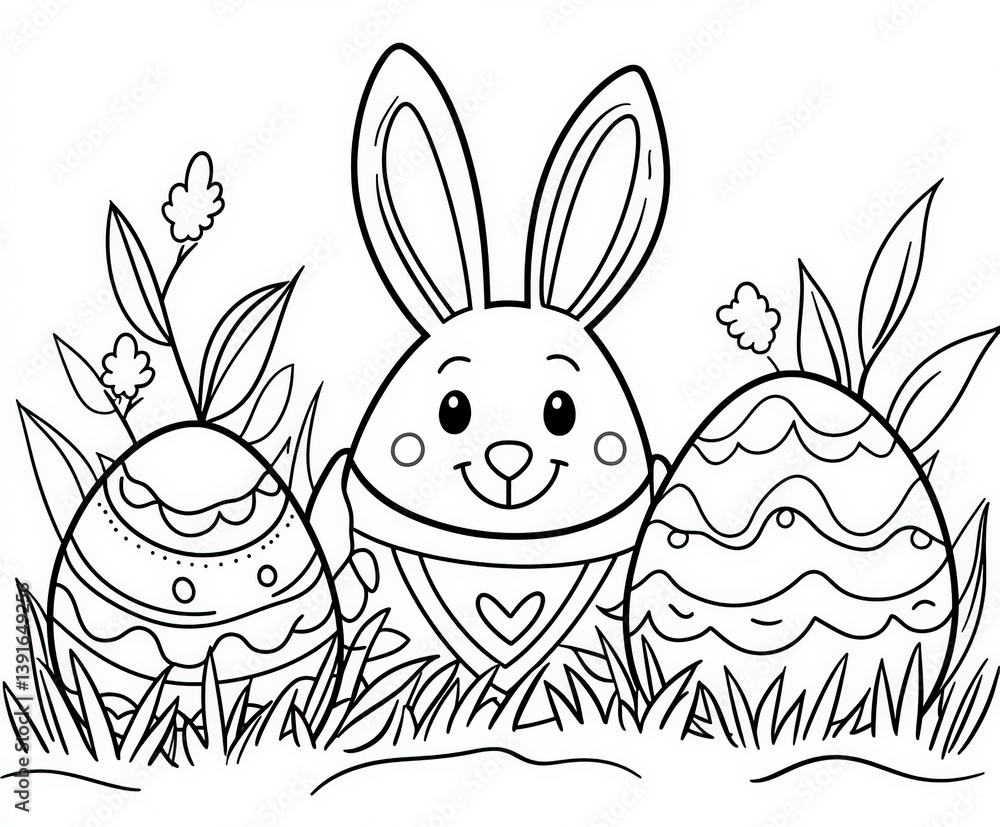 An egg hunt in a magical garden, coloring page for kids, simple outline illustration. Coloring book.