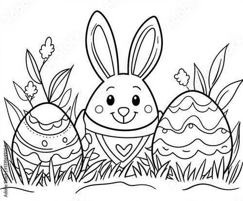 Obraz na płótnie An egg hunt in a magical garden, coloring page for kids, simple outline illustration. Coloring book. w salonie