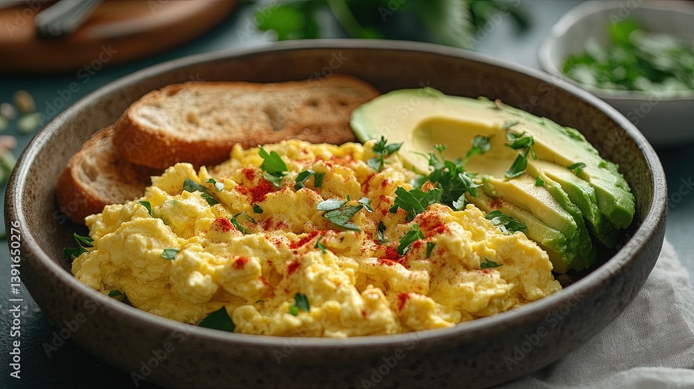 A cozy breakfast setup with scrambled eggs, toast, and avocado, garnished with herbs A cozy breakfast setup with scrambled eggs, toast, and avocado, garnished with herbs