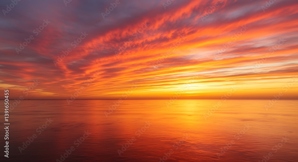 Fototapeta premium Sunset on red yellow sky back soft evening cloud over sea