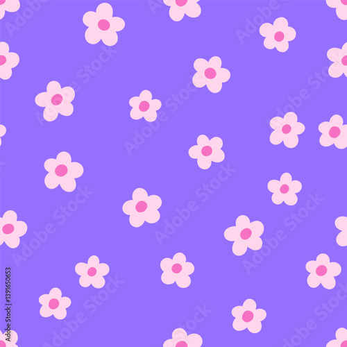 Daisy pattern, seamless floral background. Groovy flower print, endless repeating nature texture design for feminine fabric, textile, cloth, wrapping and wallpaper. Colored flat vector illustration