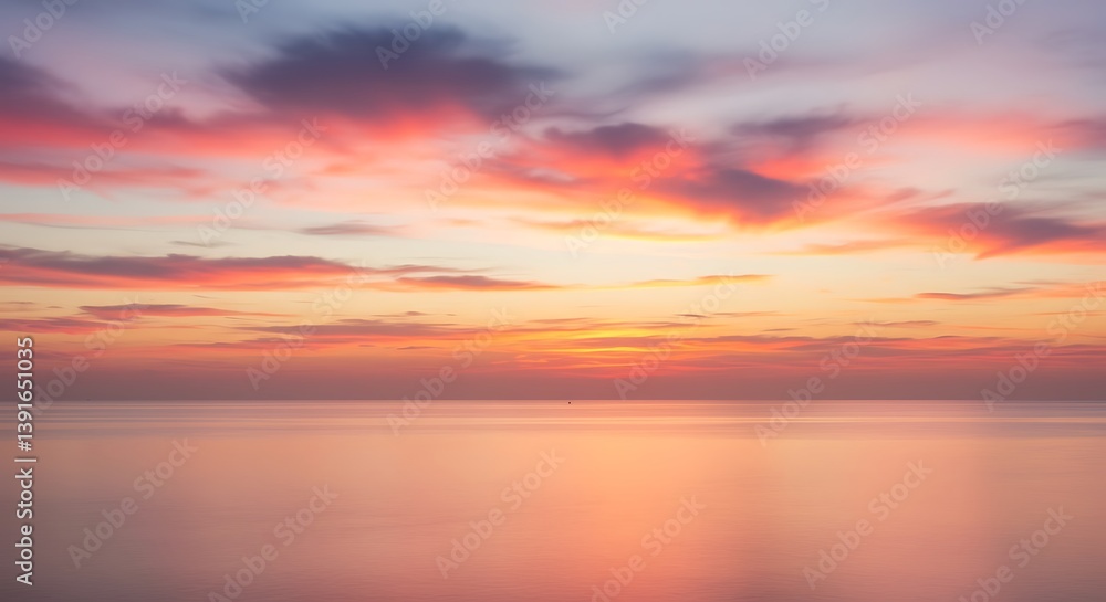 Sunset on red yellow sky back soft evening cloud over sea Sunset on red yellow sky back soft evening cloud over sea