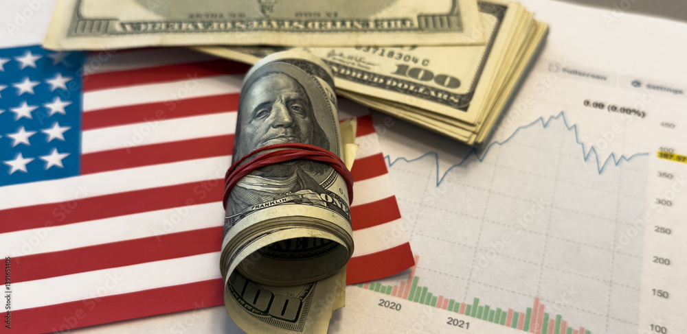 Arrow down and American money. USA flag with decline chart. Decline in USA bond yields. Decrease in profits American corporations. Falling income in USA. Reducing GDP growth concept.