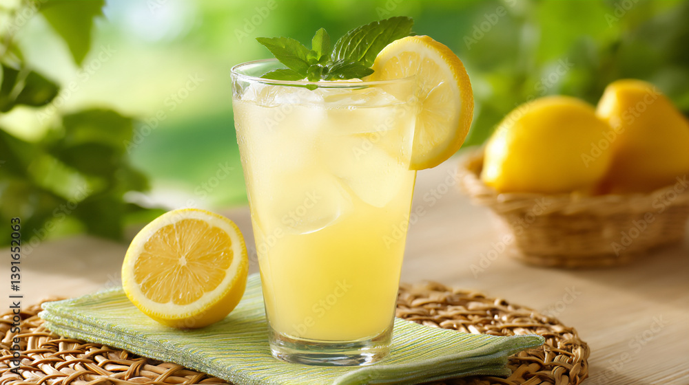 Fototapeta premium sunny lemonade picnic, p: a refreshing glass of lemonade in a bright,