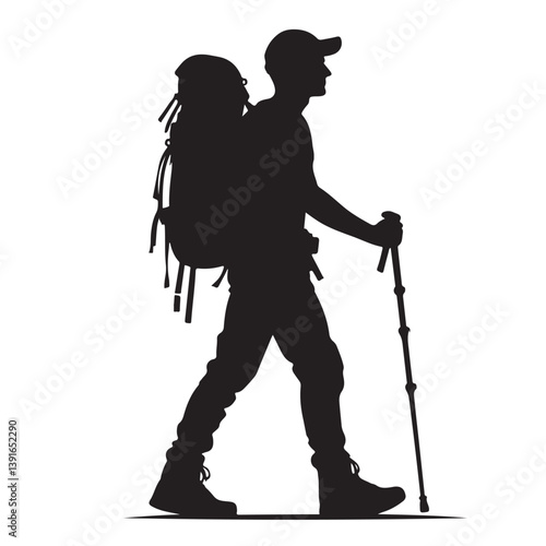 Hiking man with backpack silhouette vector graphic adventure travel