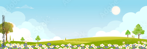 Spring background,Blue sky,clouds,sun,flowers field,tree,green meadow landscape,Vector cartoon countryside rural nature in sunny day summer,Village scene valley for screen wallpaper background banner