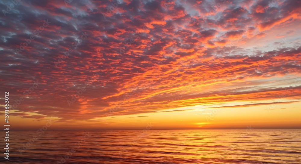 Fototapeta premium Sunset on red yellow sky back soft evening cloud over sea