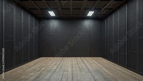 A black soundproof room with a wooden floor on background ai generated