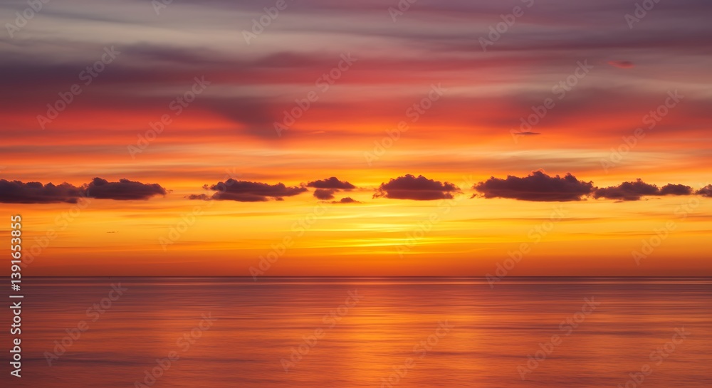 Obraz premium Sunset on red yellow sky back soft evening cloud over sea