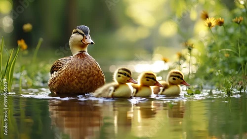 Ducklings Following singe Mother duck in Line Across Pond Background. Suitable for marketing or business purposes