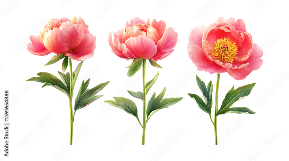 Pack of Peony Set Against Transparent Background for Floral, Botanical, or Wedding Design Projects